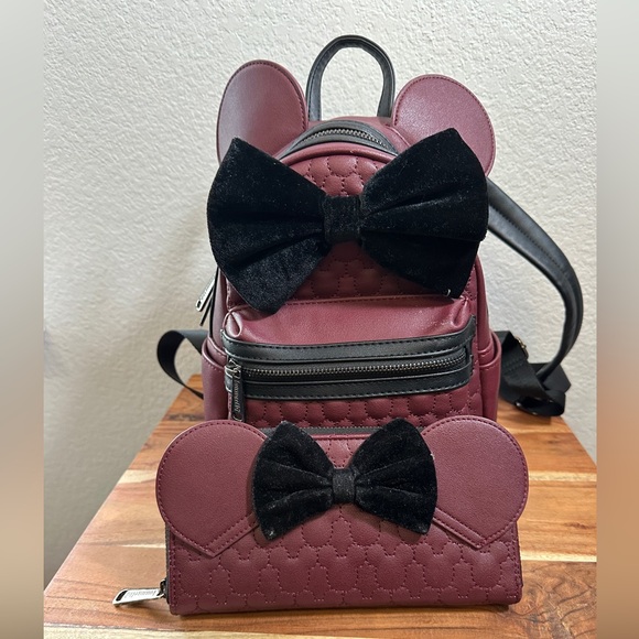 Loungefly Minnie Mouse Maroon Quilted Backpack & Wallet Set EUC - Picture 1 of 9